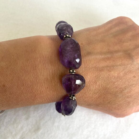 Sterling Silver 925 Faceted Amethyst Chunk Beaded Bracelet 8" Fits 6.75" Wrist - Picture 1 of 16